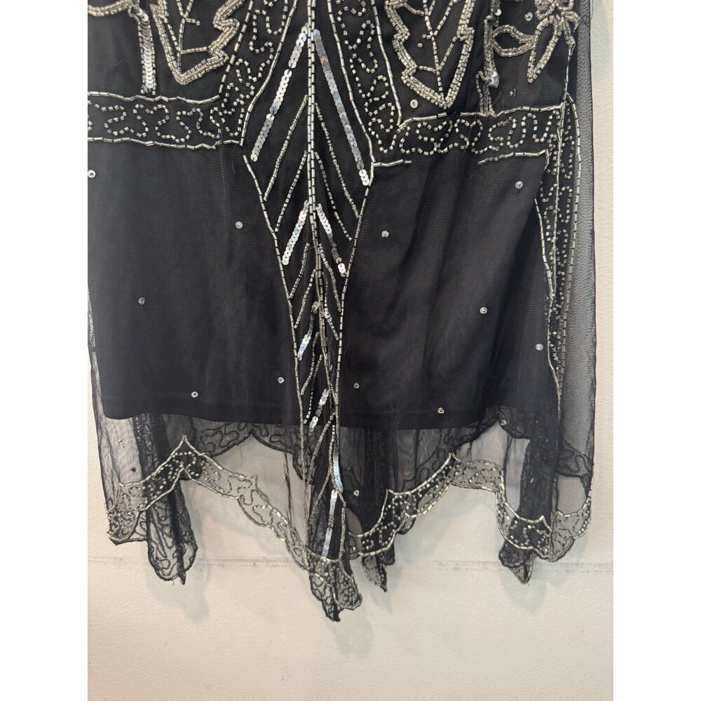 Vtg Y2K Scala Black Sheer Mesh Beaded Silver Sequin Cap Sleeve Top M Whimsigoth - Picture 8 of 12